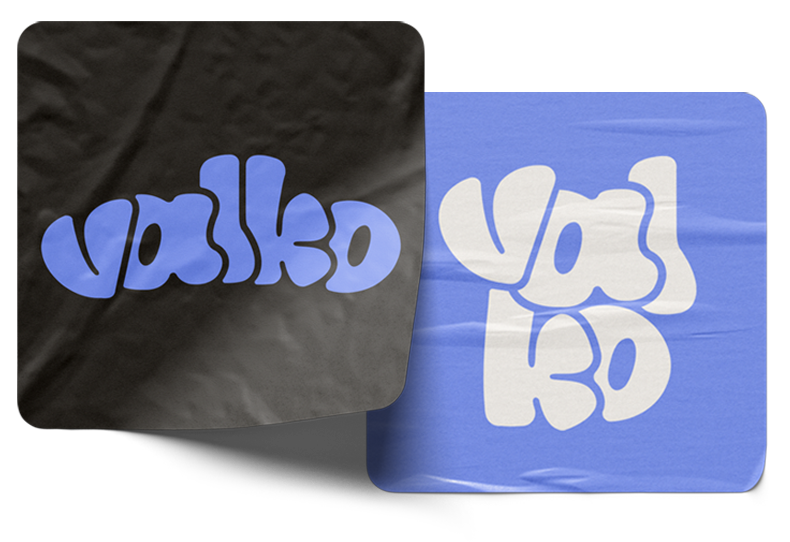 Valko logo in two different colors and variations on two square stickers