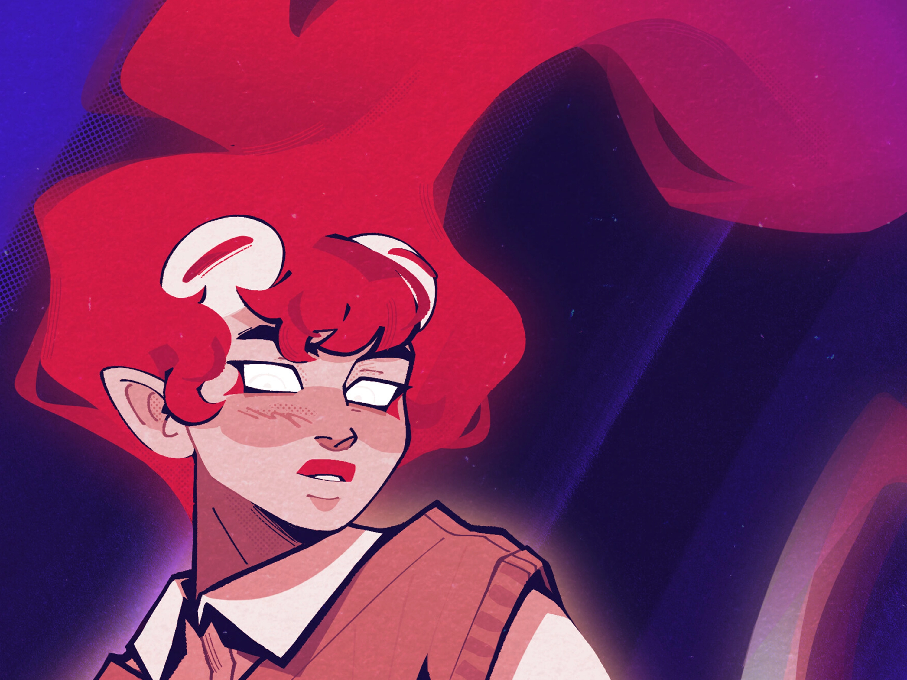 An illustration of a ghost girl with flowing red hair