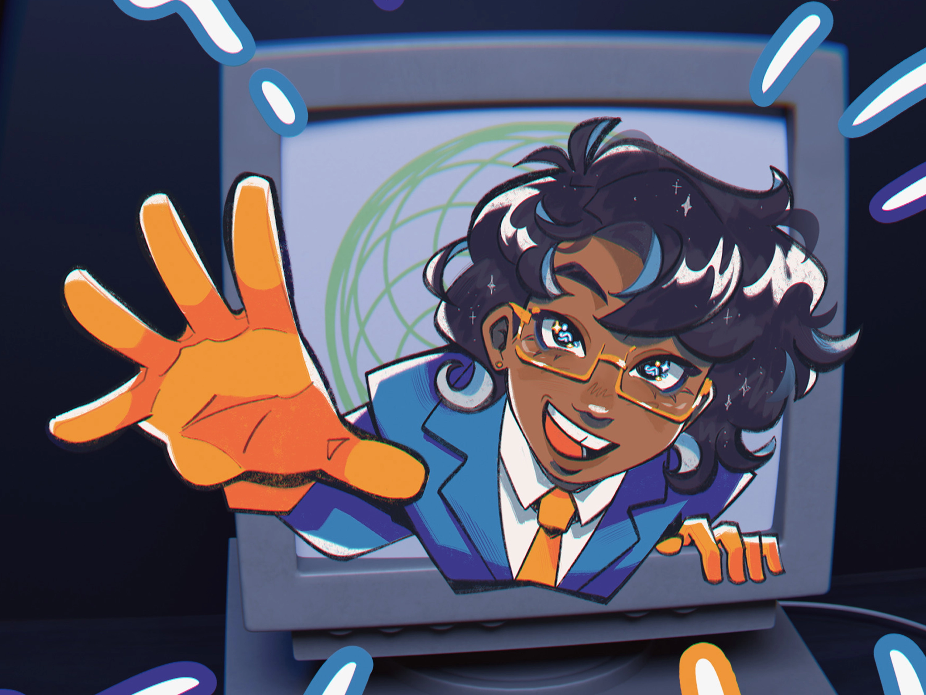 An illustration of a woman coming out of a computer screen, hand outstretched towards the viewer