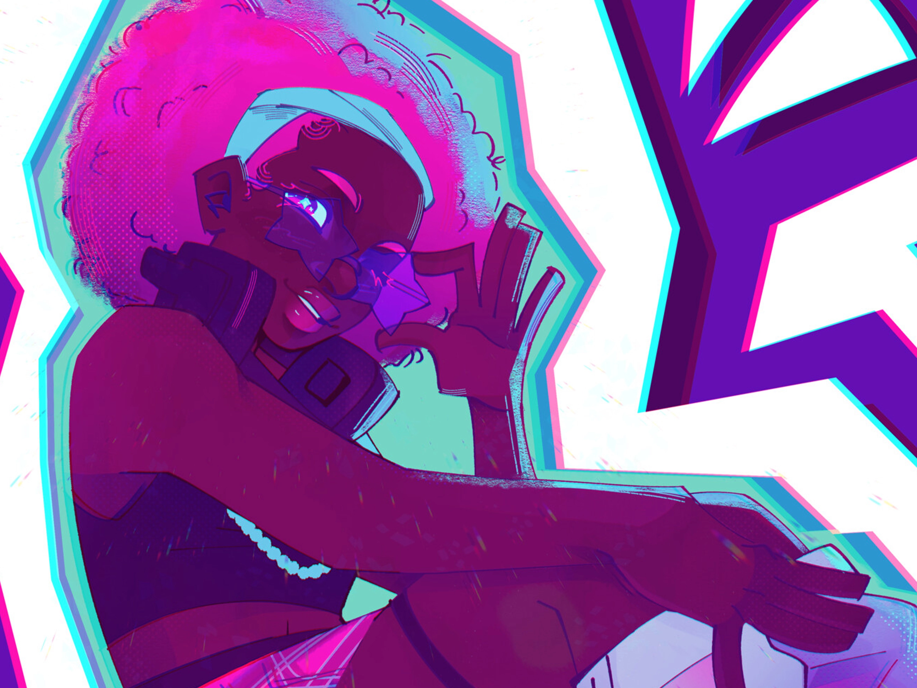 An illustration of a girl with a bright pink afro and holding star-shaped sunglasses