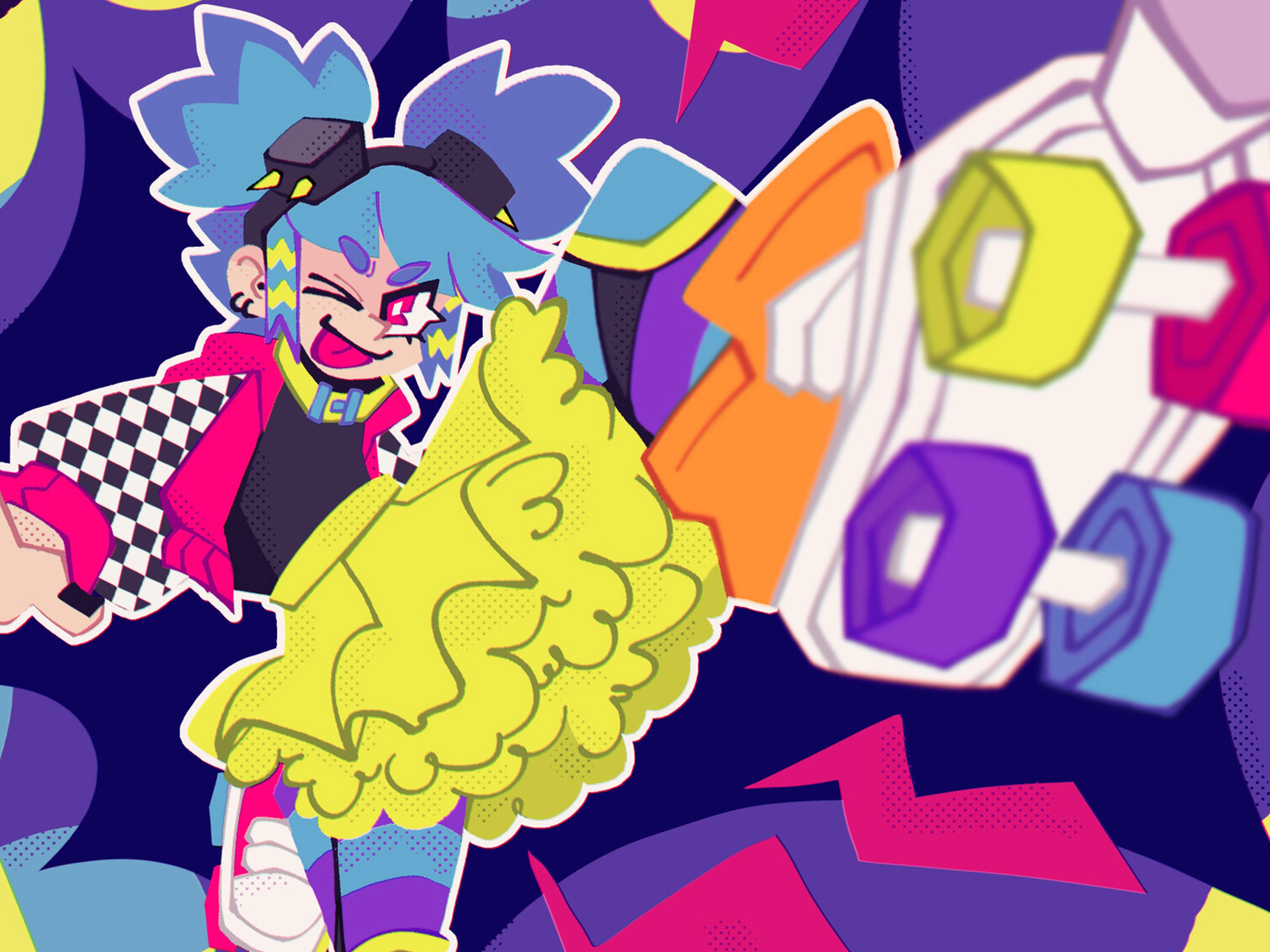 Brightly colored illustration of someone kicking a leg out wearing rollerskates