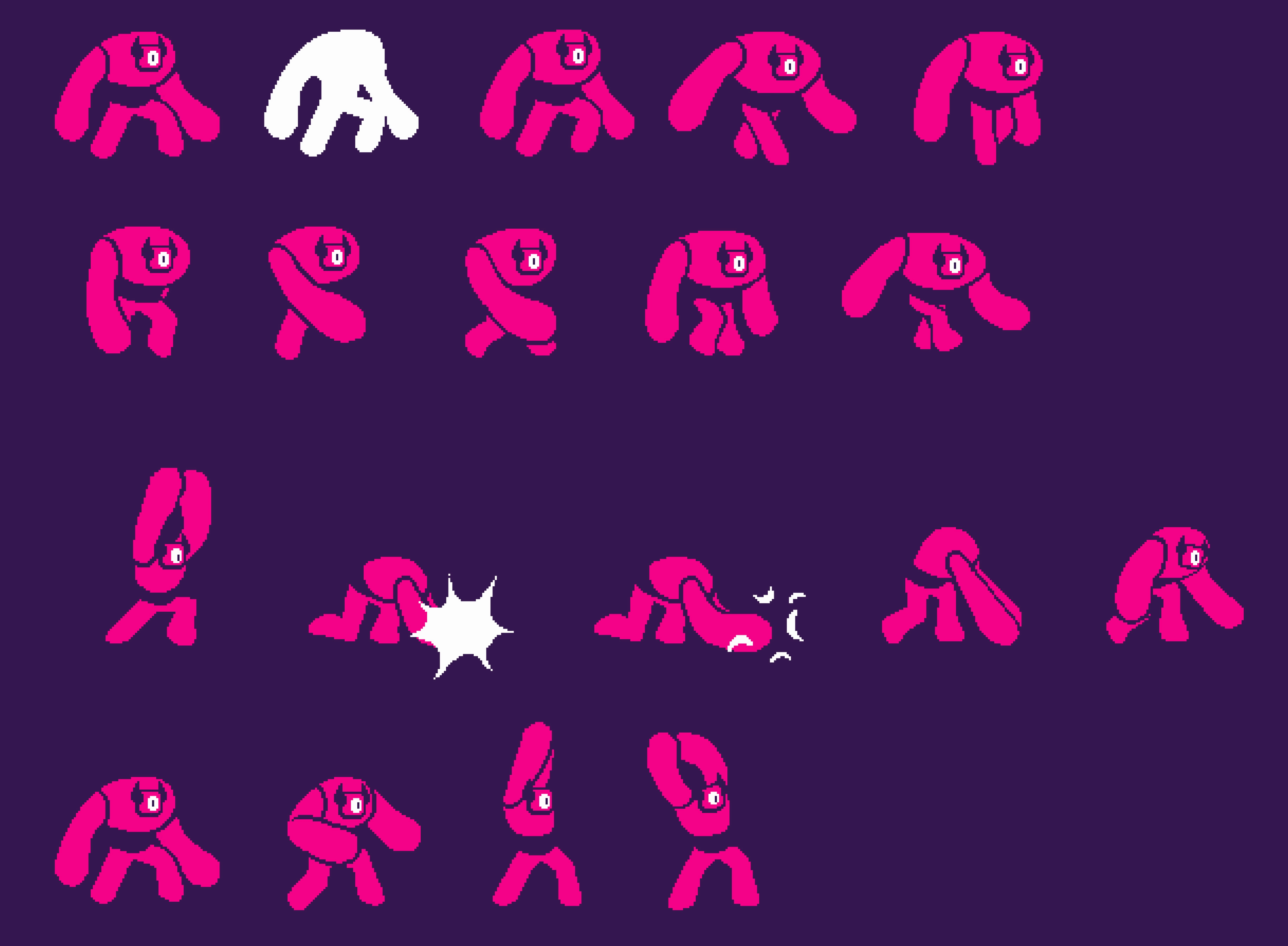 A spritesheet of a pink pixelated character