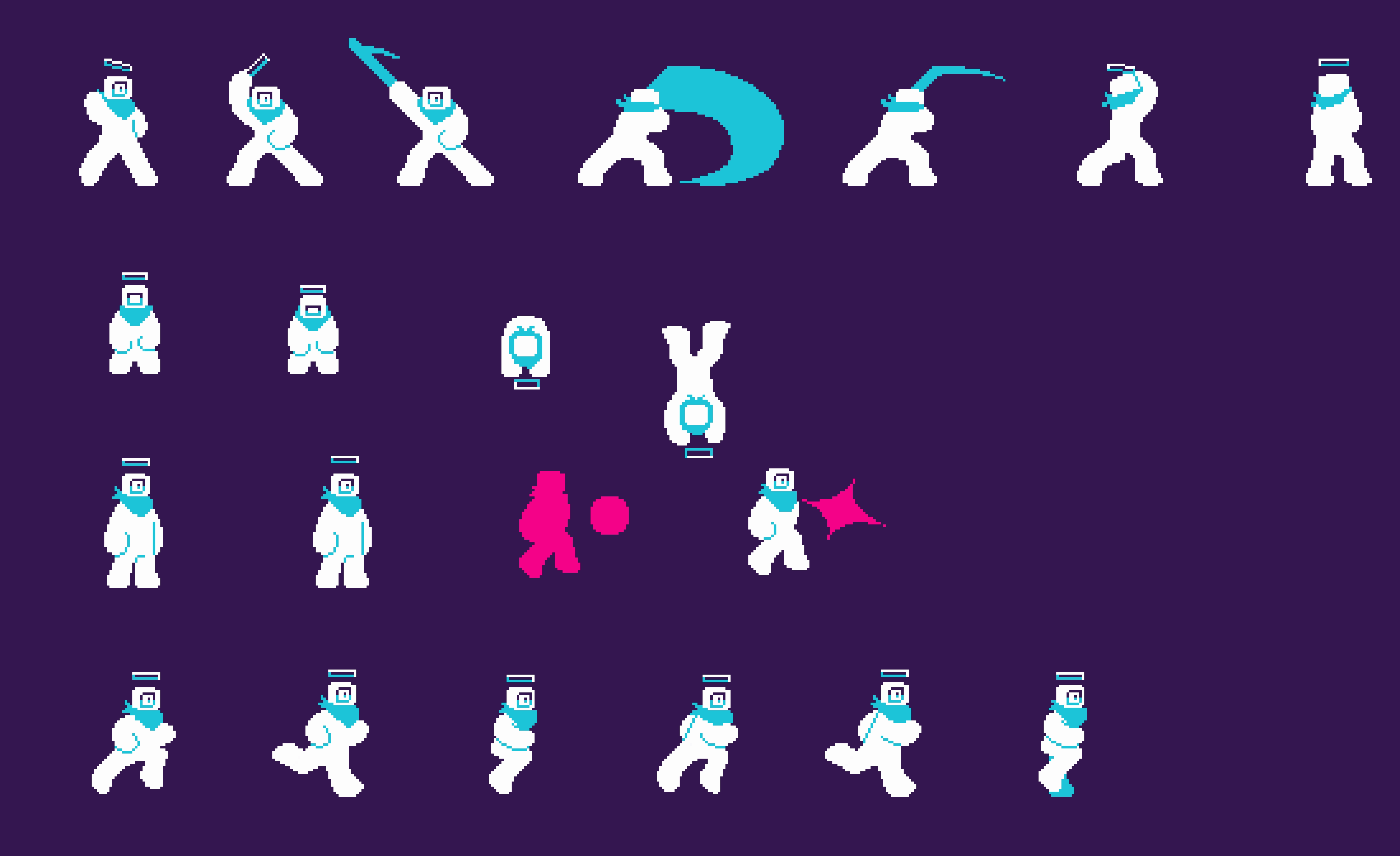 A spritesheet of a white and cyan pixelated character
