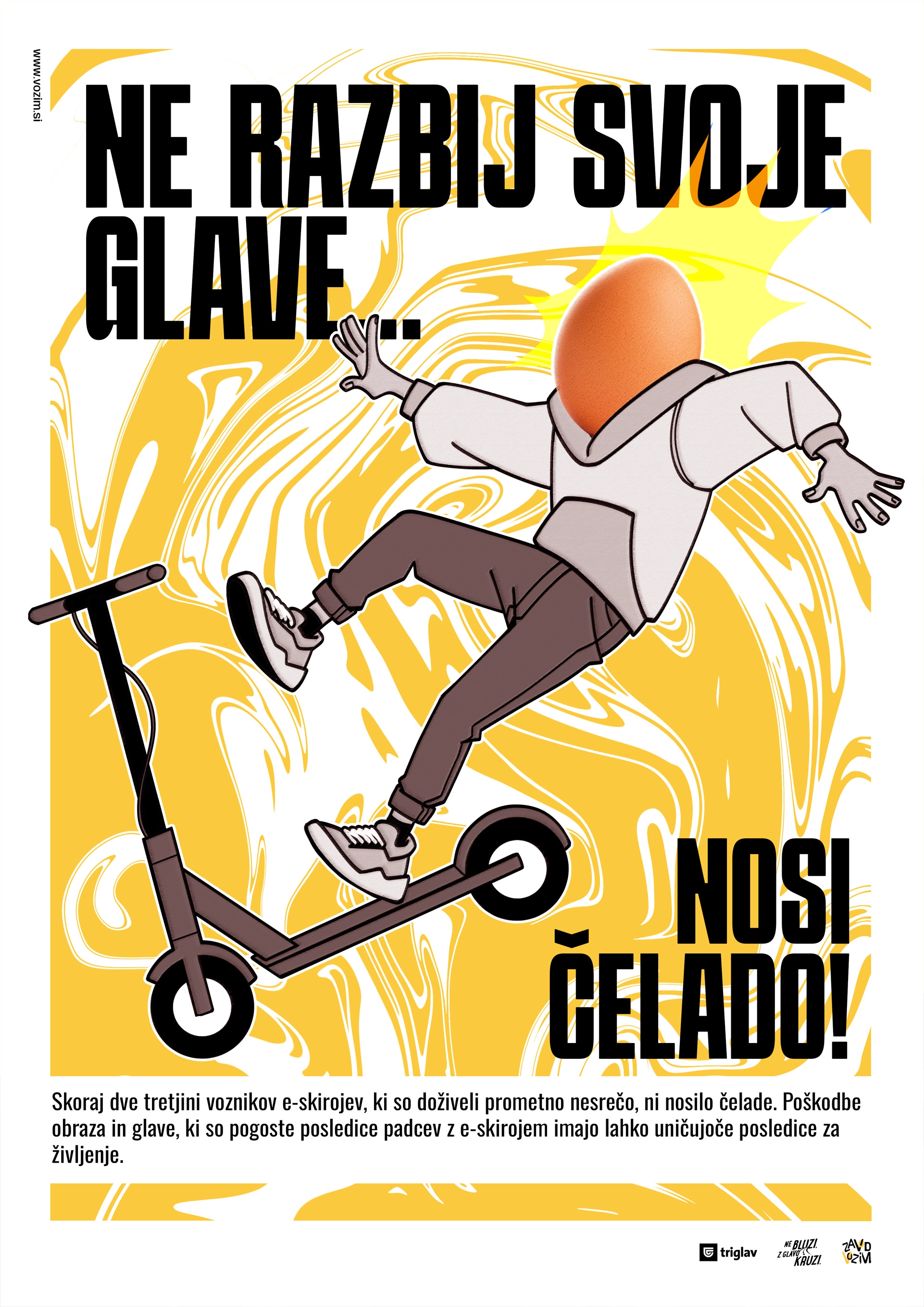 White and yellow helmet safety poster, depicting a character that has an egg instead of a head