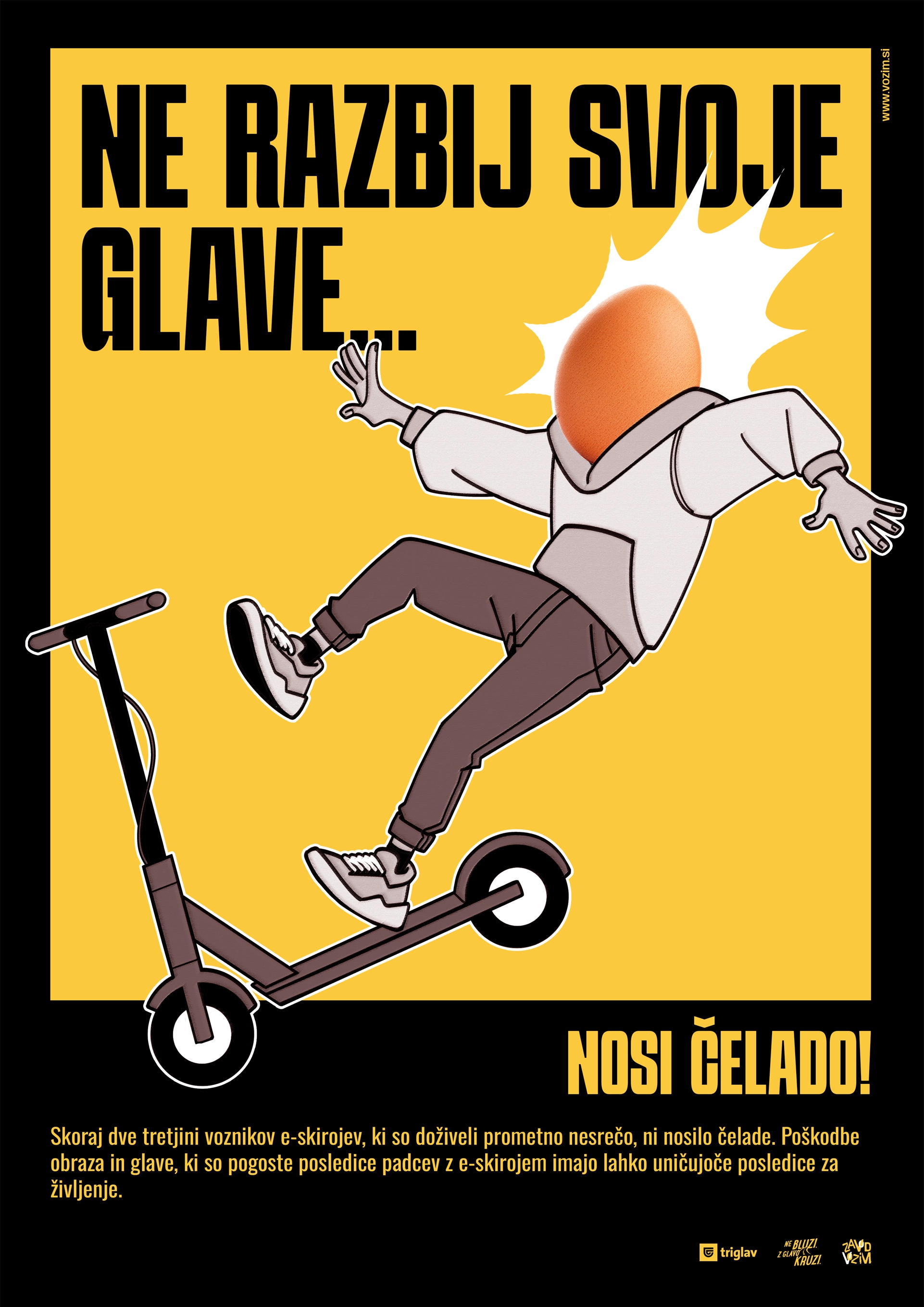 Black and yellow helmet safety poster, depicting a character that has an egg instead of a head