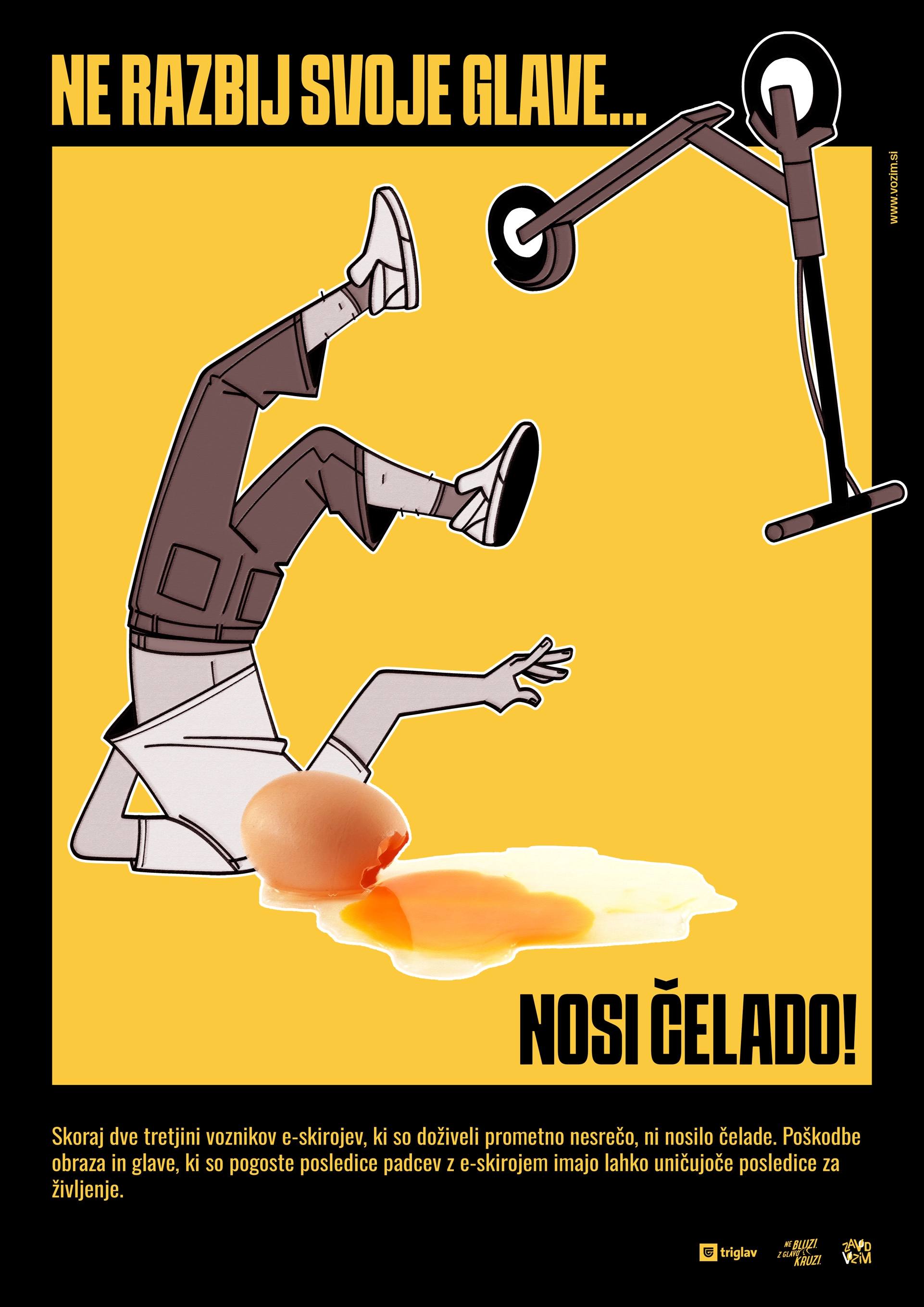 Black and yellow helmet safety poster, depicting a character that has a cracked egg instead of a head