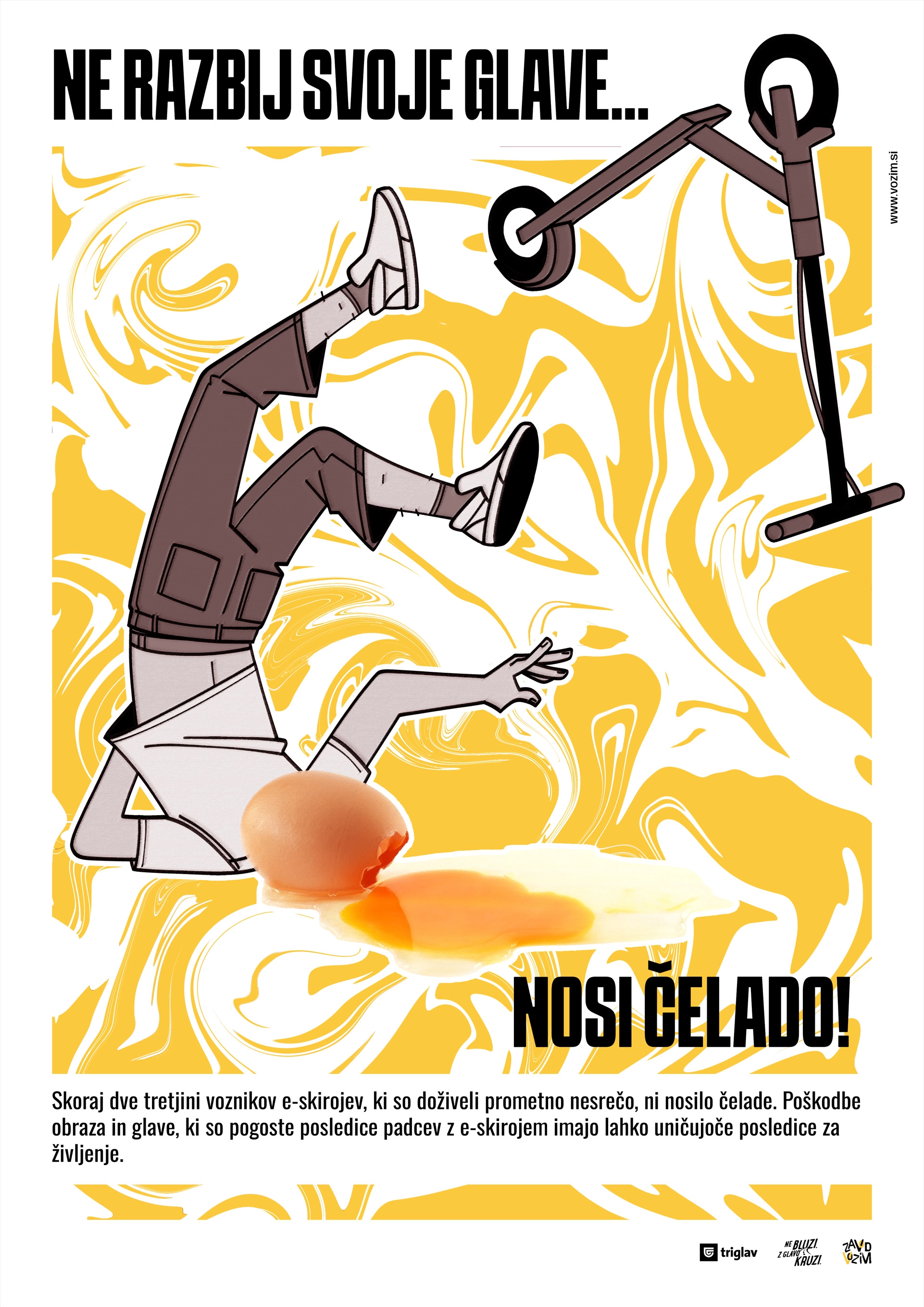 White and yellow helmet safety poster, depicting a character that has a cracked egg instead of a head